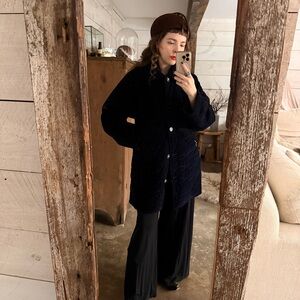 Women's navy Barn Quilted velour utility button down Jacket with zipper details